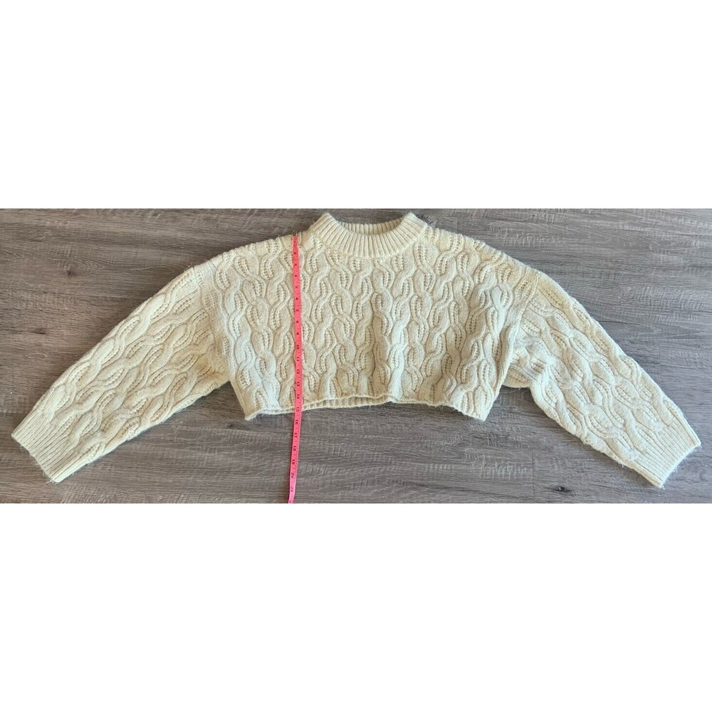 Elodie Chunky Knit Boxy Cropped Sweater Womens Sz L White Mock Neck Long Sleeve